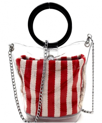 Round Handle 2 in 1 Clear Satchel With Pinstriped Inner Bag Y101 RED